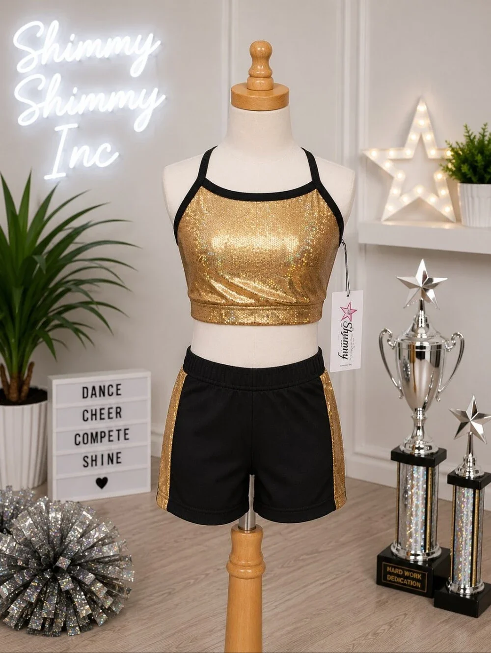 Shimmy Shimmy Inc Gold Hologram Dance crop top and short Set NWT Cheer Gym